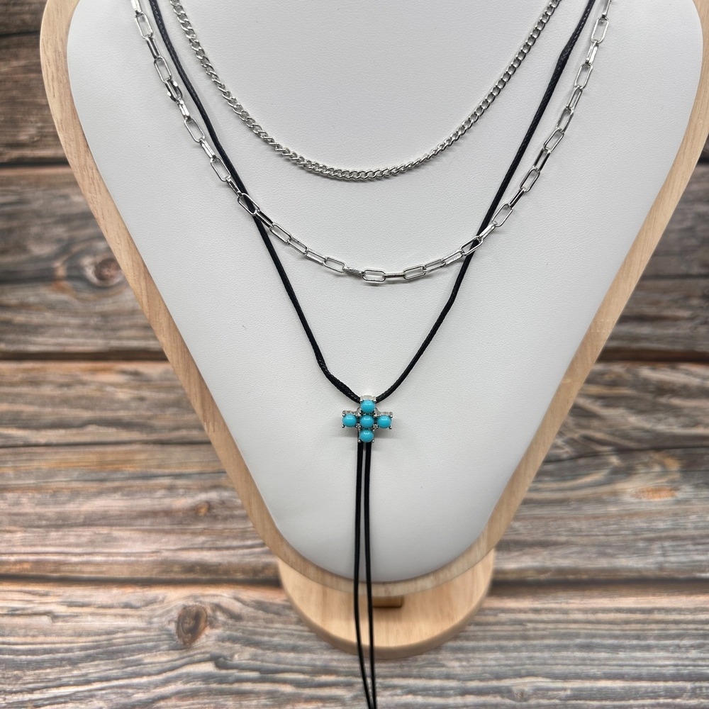 3pc Layered Necklace Set Turquoise & Silver Tone Chains Blue Cross Bolo Y2K Boho